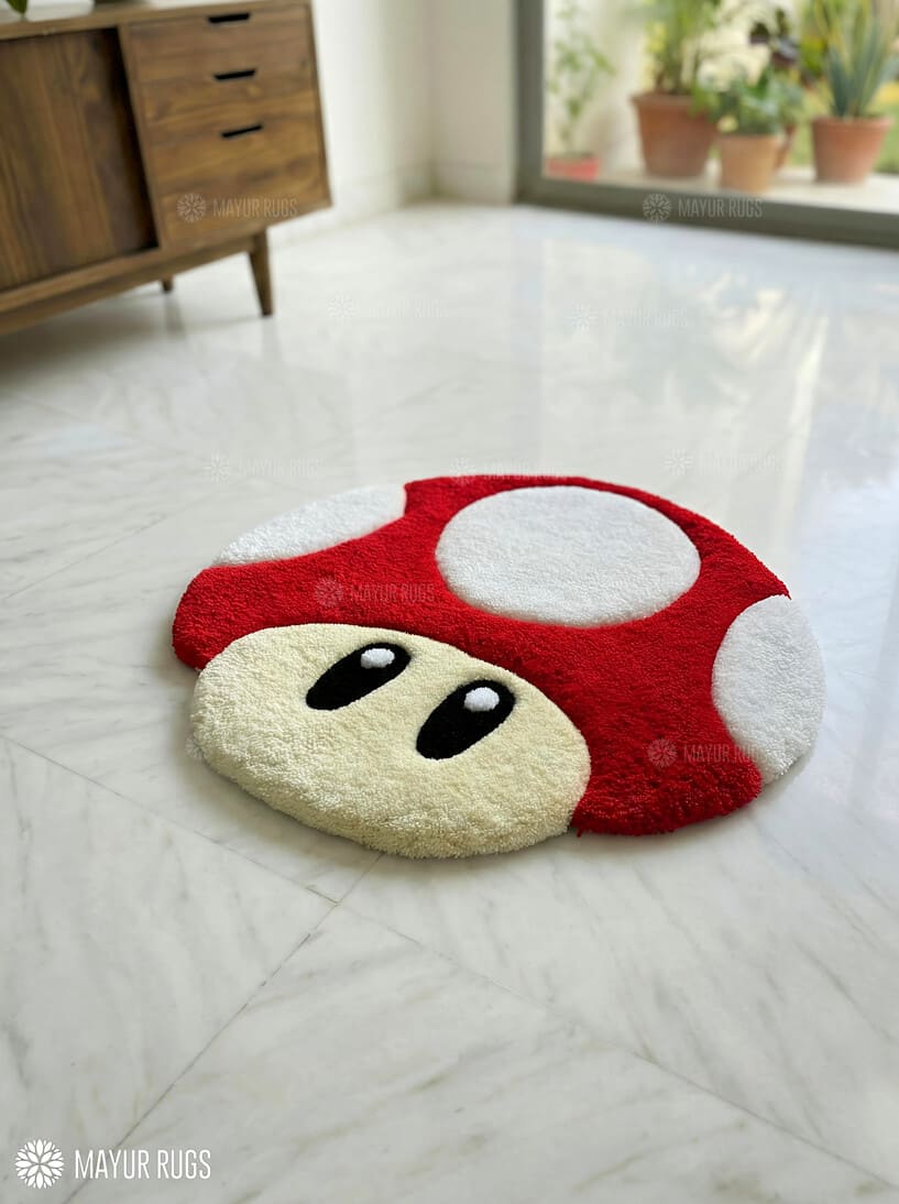 Mario mushroom inspired hand-tufted wool rug with bold retro gaming character design, premium custom area rug by Mayur Rugs