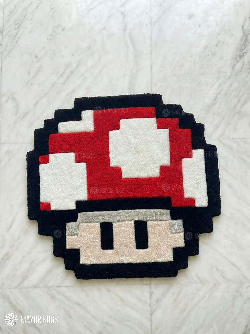 Retro gaming mushroom hand-tufted wool rug with classic arcade character design, premium custom area rug by Mayur Rugs