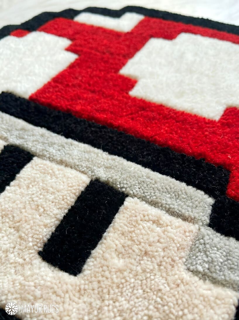 Retro gaming mushroom hand-tufted wool rug with classic arcade character design, premium custom area rug by Mayur Rugs