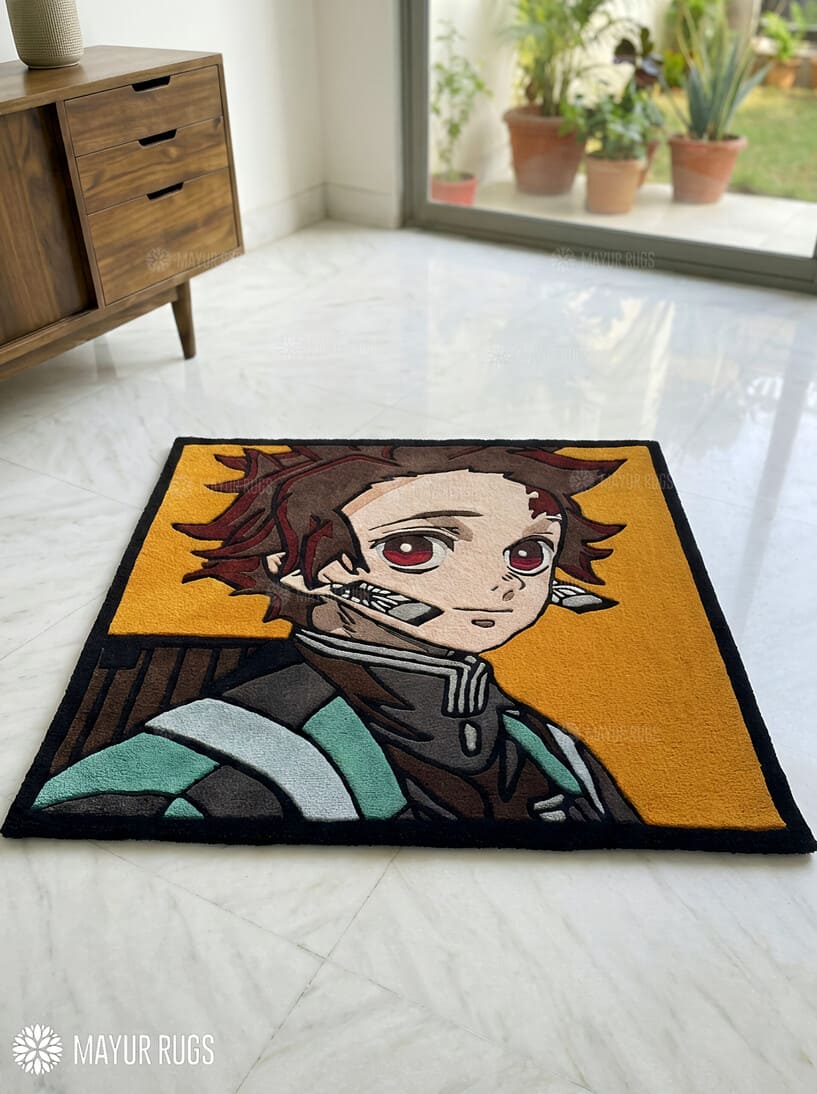 Tanjiro Kamado inspired Demon Slayer anime hand-tufted wool rug with bold character design, premium custom area rug by Mayur Rugs