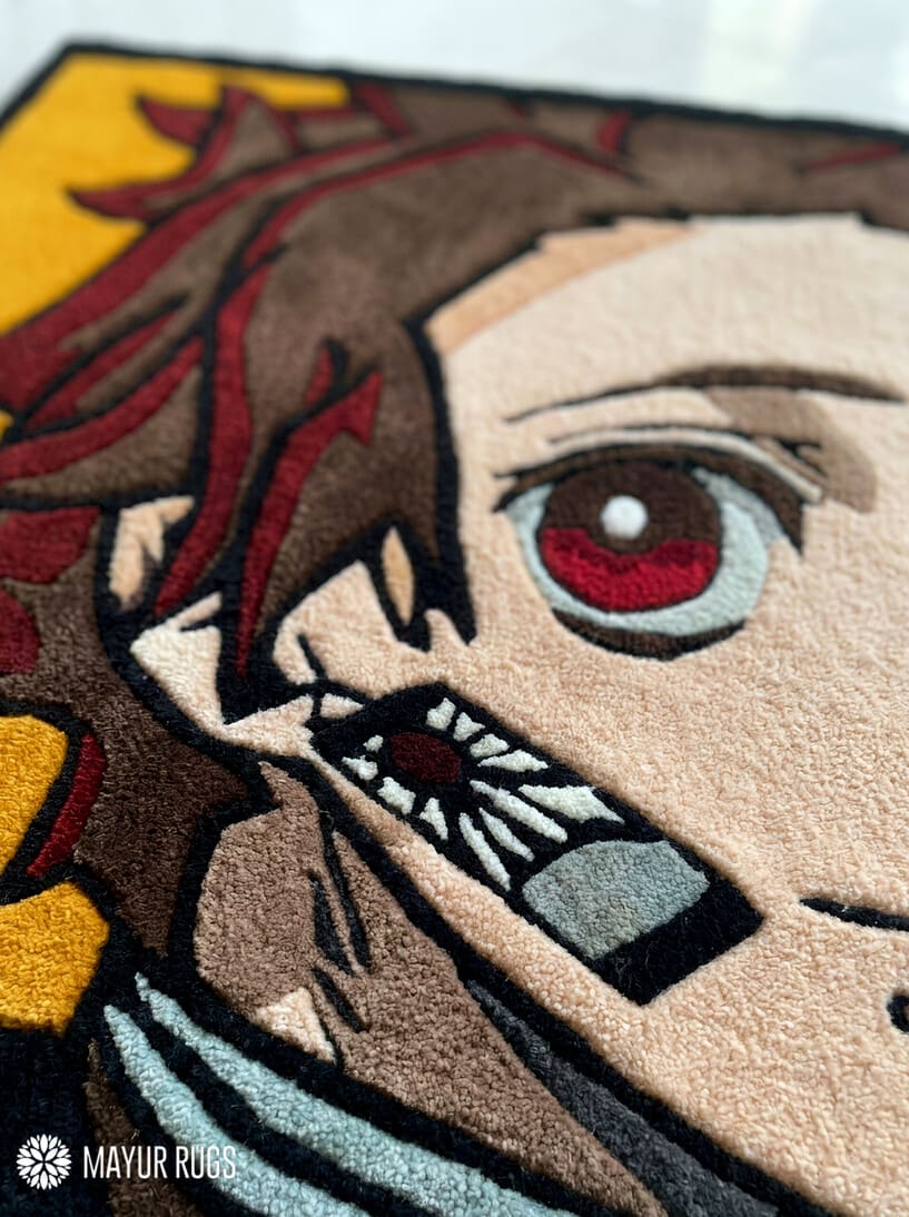 Tanjiro Kamado inspired Demon Slayer anime hand-tufted wool rug with bold character design, premium custom area rug by Mayur Rugs