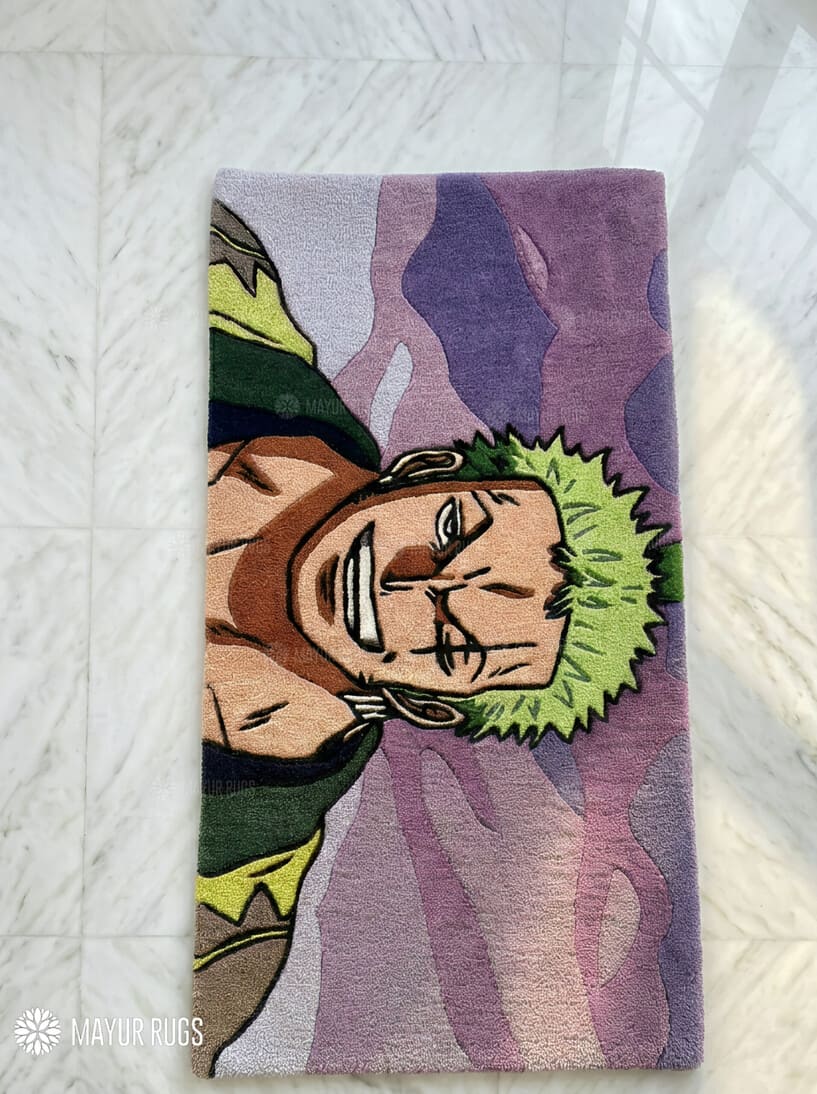 Roronoa Zoro inspired One Piece anime hand-tufted wool rug with bold swordsman character design, premium custom area rug by Mayur Rugs