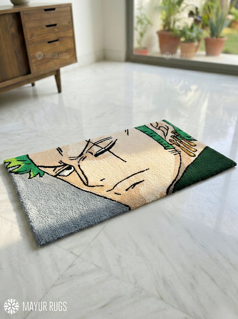 Zoro inspired One Piece anime hand-tufted wool rug with bold swordsman character design, premium custom area rug by Mayur Rugs