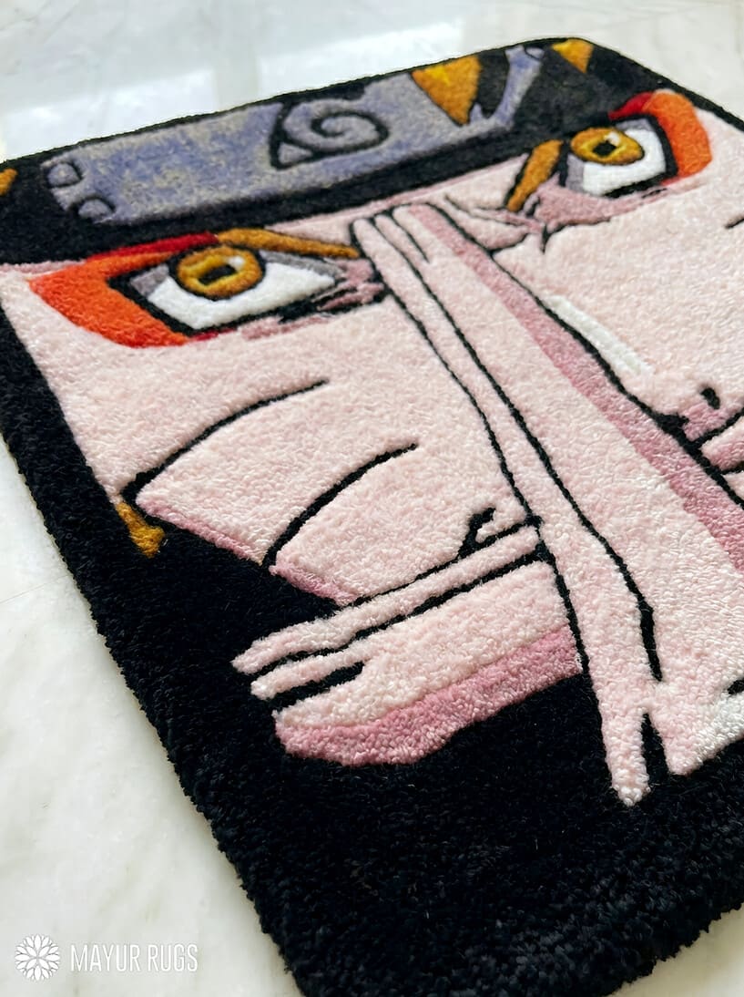 Naruto inspired hand-tufted wool rug with bold anime ninja character design, premium custom area rug by Mayur Rugs