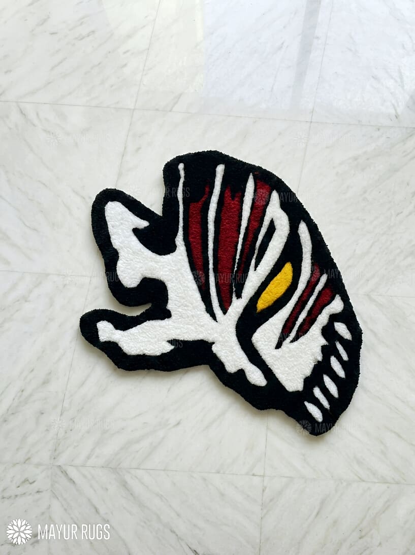 Ichigo hollow mask inspired Bleach anime hand-tufted wool rug with bold red markings, premium custom area rug by Mayur Rugs