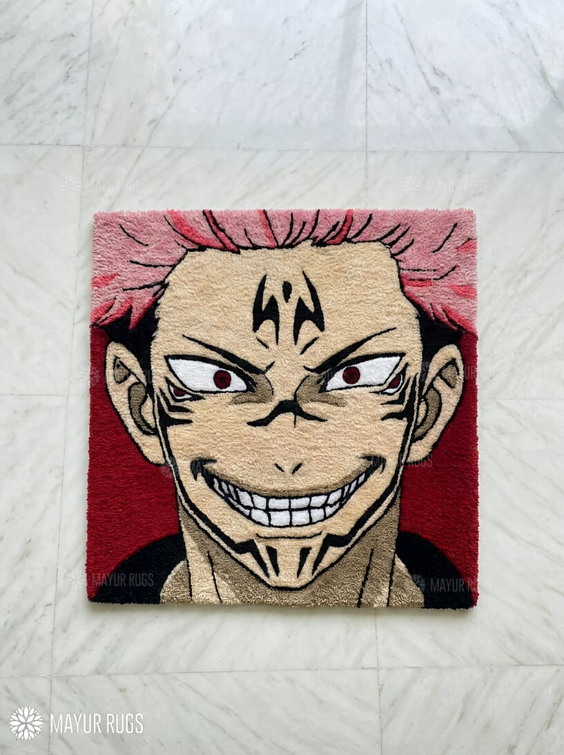 Sukuna face inspired Jujutsu Kaisen hand-tufted wool rug with bold anime villain design, premium custom area rug by Mayur Rugs