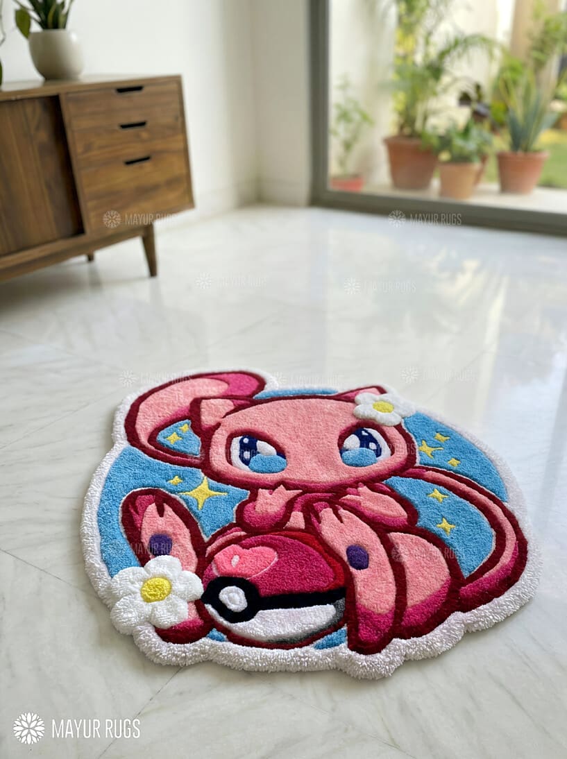 Mew Pokémon Inspired hand-tufted wool rug with kawaii pastel anime gaming aesthetic design by Mayur Rugs