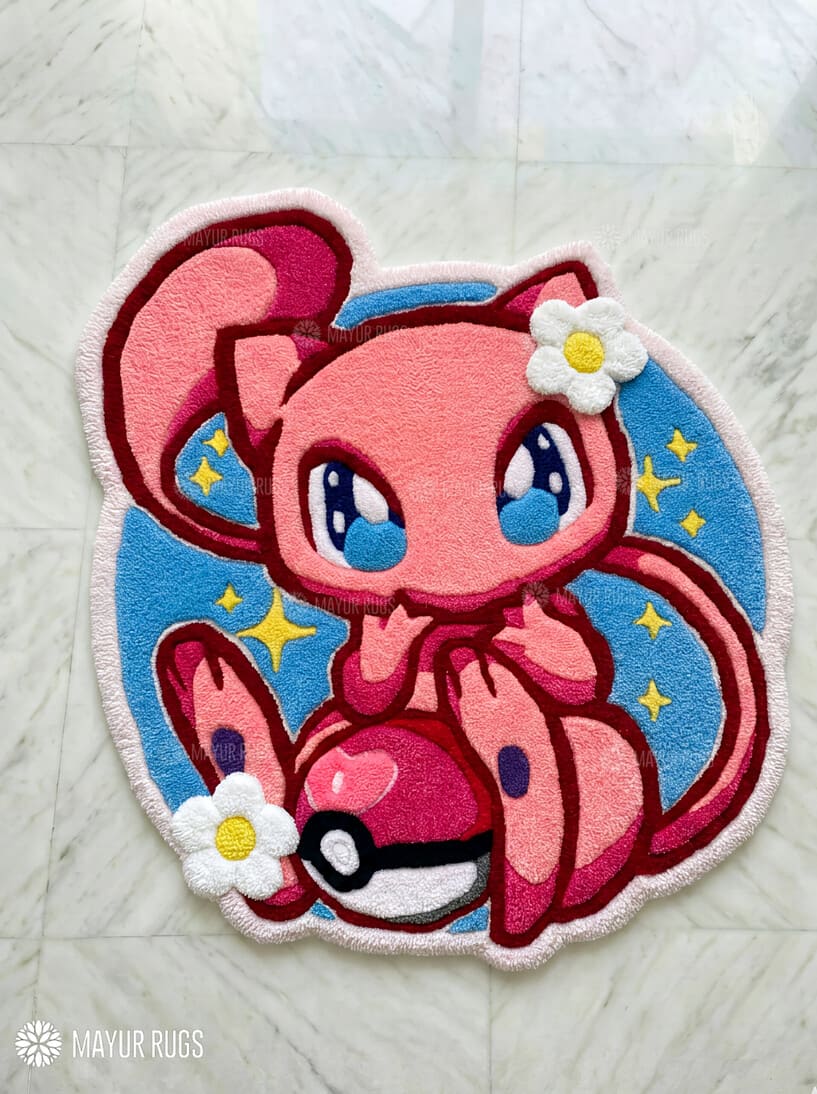 Mew Pokémon Inspired hand-tufted wool rug with kawaii pastel anime gaming aesthetic design by Mayur Rugs