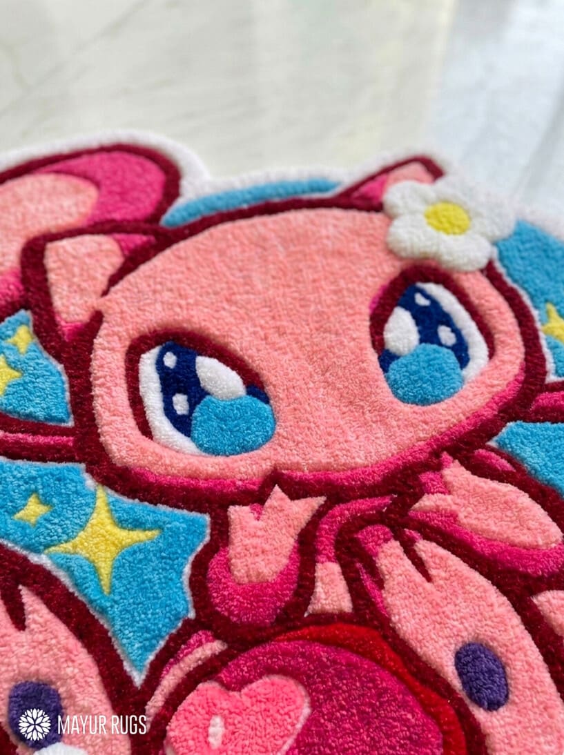 Mew Pokémon Inspired hand-tufted wool rug with kawaii pastel anime gaming aesthetic design by Mayur Rugs