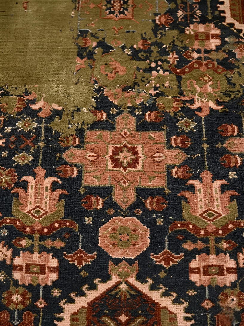 Erased heritage hand-knotted wool rug with distressed vintage Persian pattern, premium heritage rug by Mayur Rugs