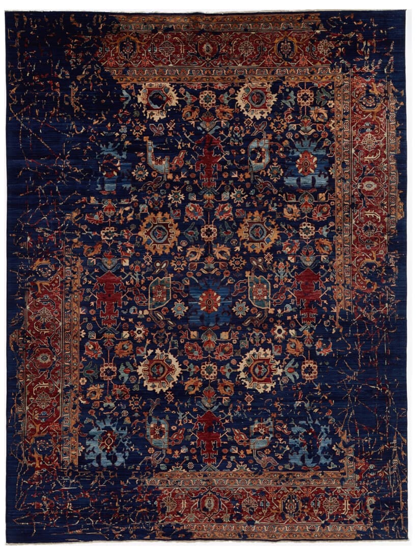 Vintage Persian Heriz hand-knotted wool rug in navy blue with traditional geometric medallion design, premium heritage rug by Mayur Rugs