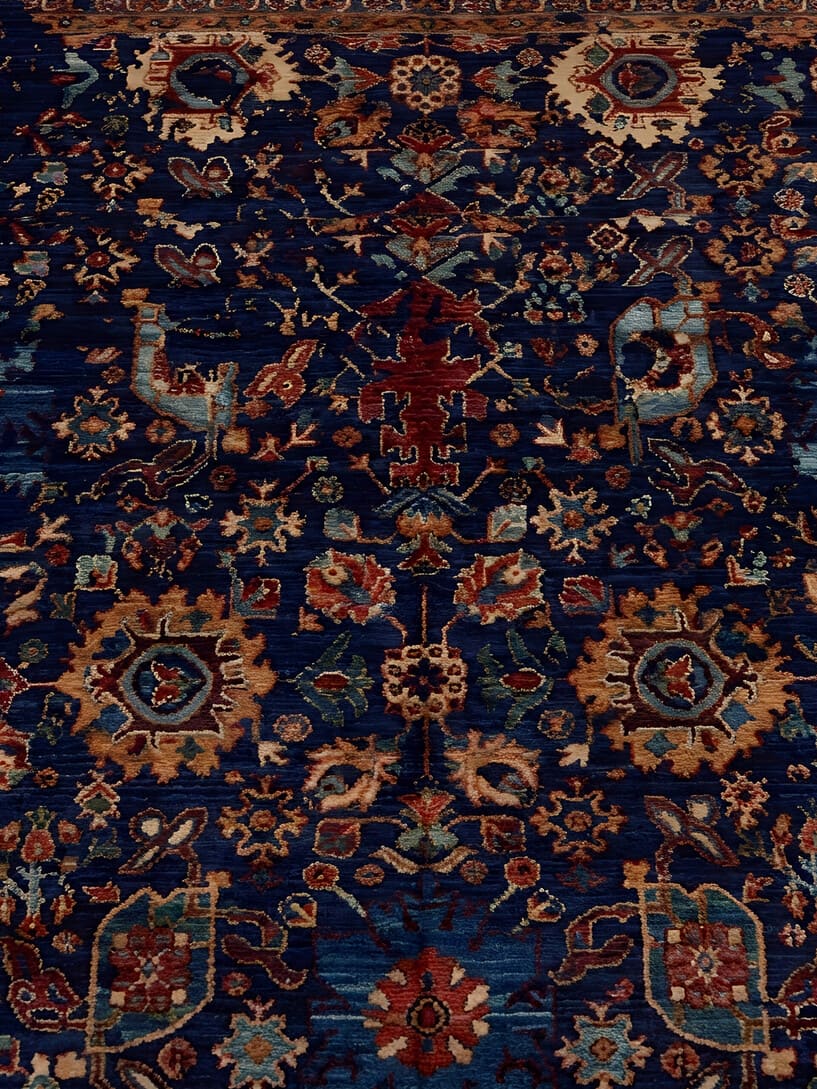 Vintage Persian Heriz hand-knotted wool rug in navy blue with traditional geometric medallion design, premium heritage rug by Mayur Rugs