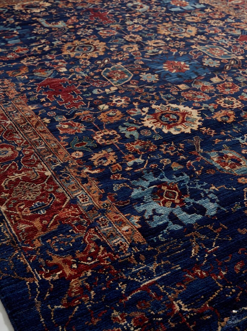 Vintage Persian Heriz hand-knotted wool rug in navy blue with traditional geometric medallion design, premium heritage rug by Mayur Rugs