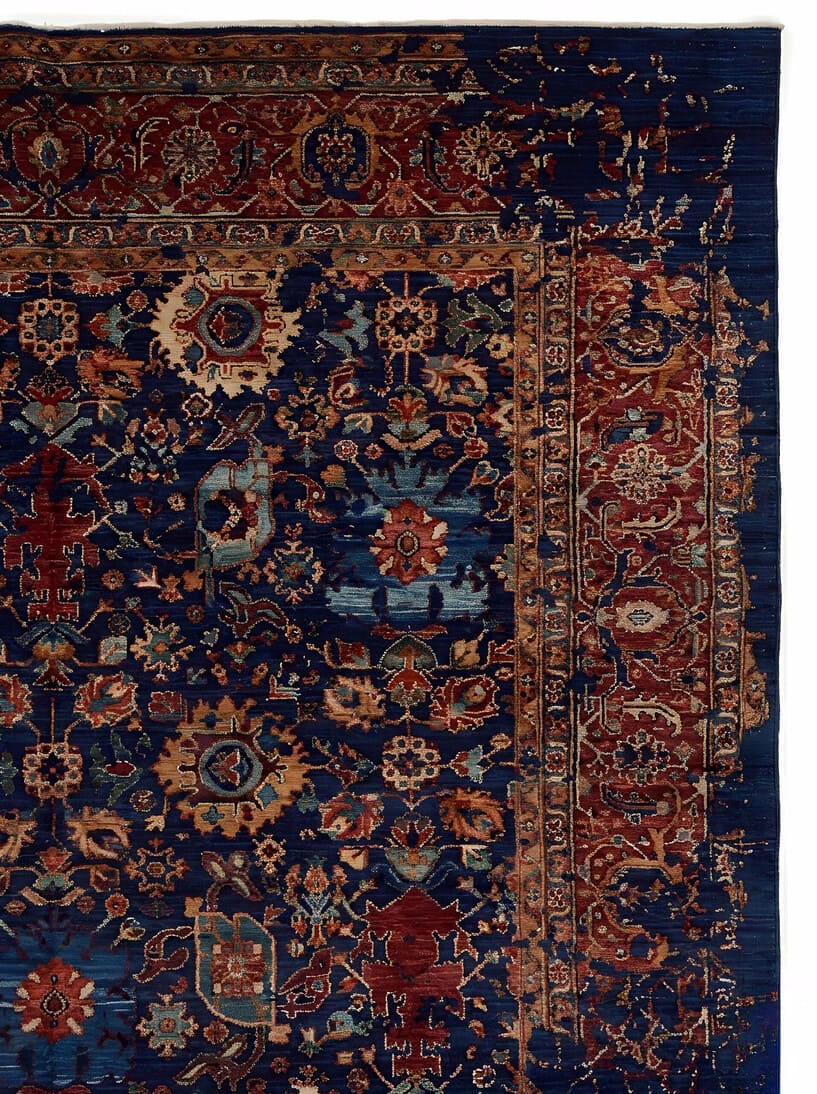 Vintage Persian Heriz hand-knotted wool rug in navy blue with traditional geometric medallion design, premium heritage rug by Mayur Rugs