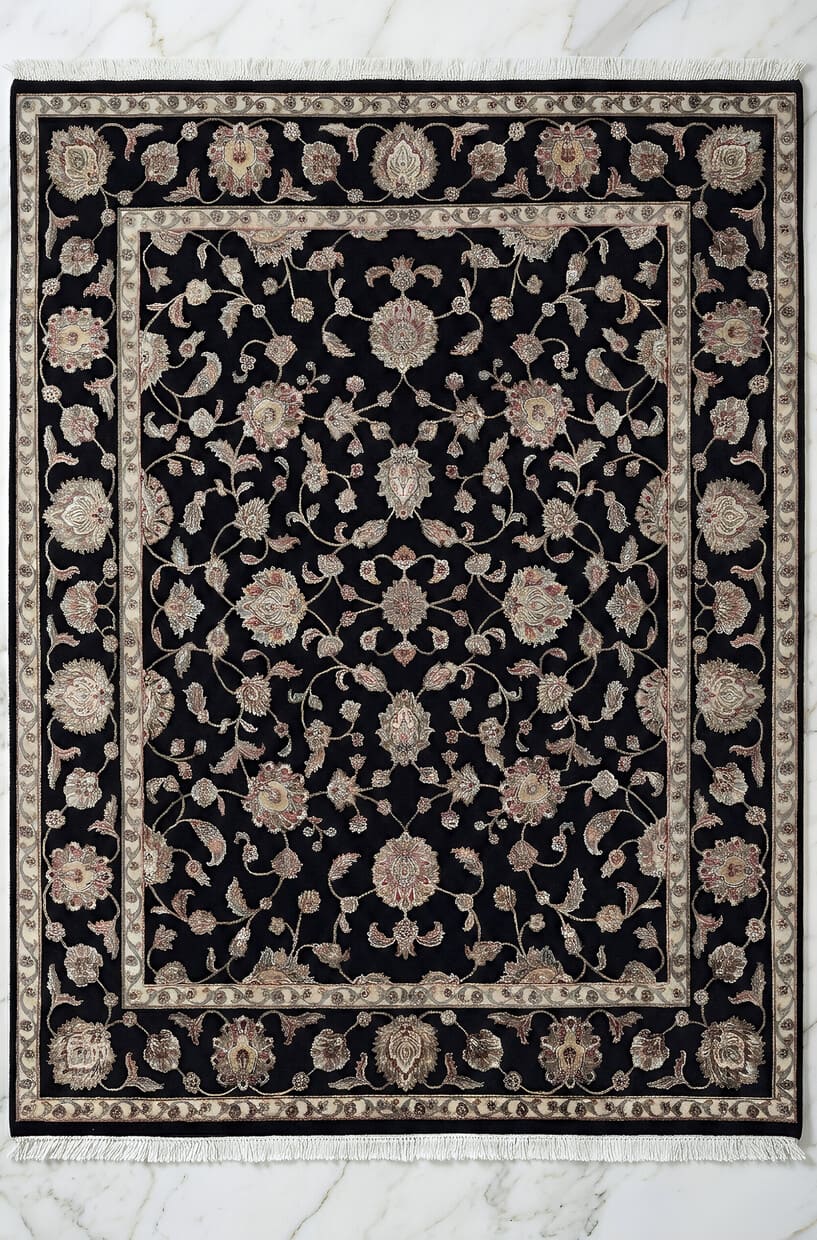 Black traditional wool and silk hand-knotted rug with intricate heritage pattern, premium luxury rug by Mayur Rugs