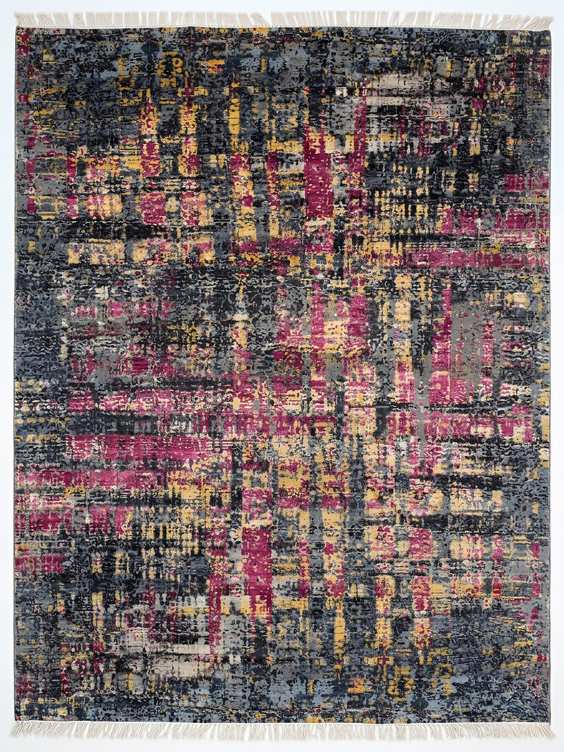 Abstract horizon heritage hand-knotted wool rug with modern vintage fade design, premium luxury rug by Mayur Rugs