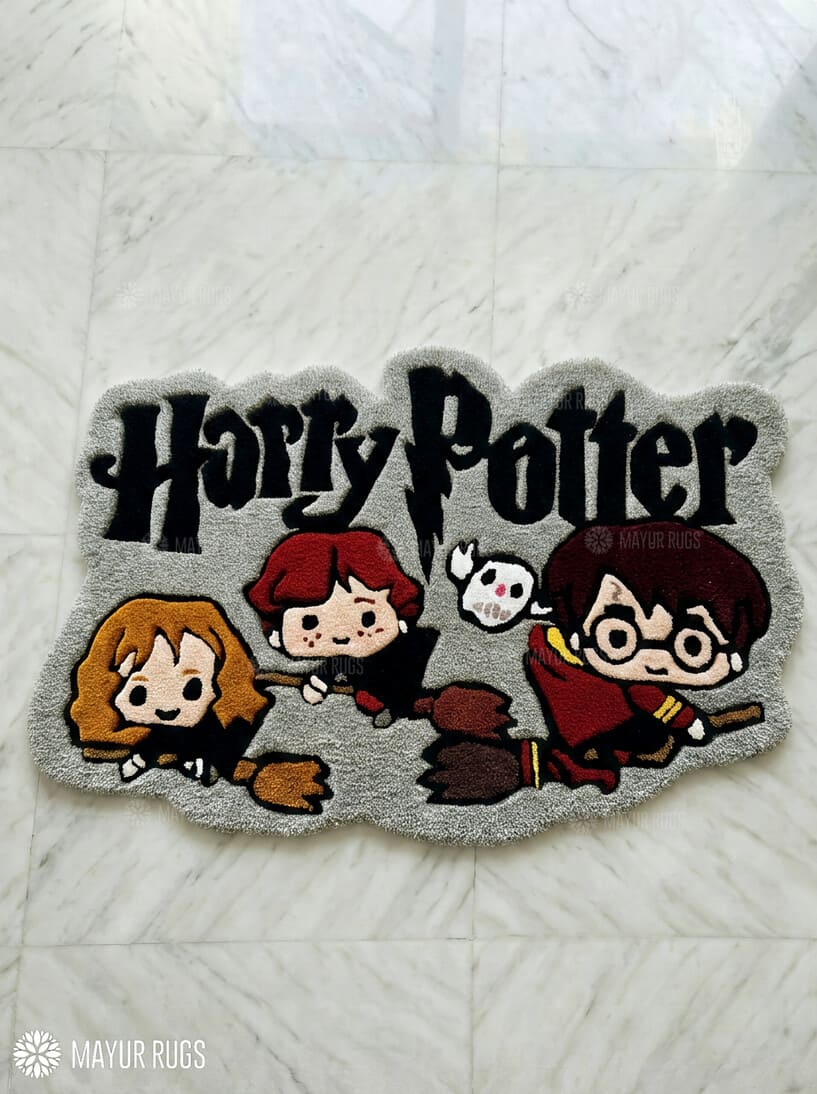 Harry Potter-themed rug with cartoon characters on a textured surface