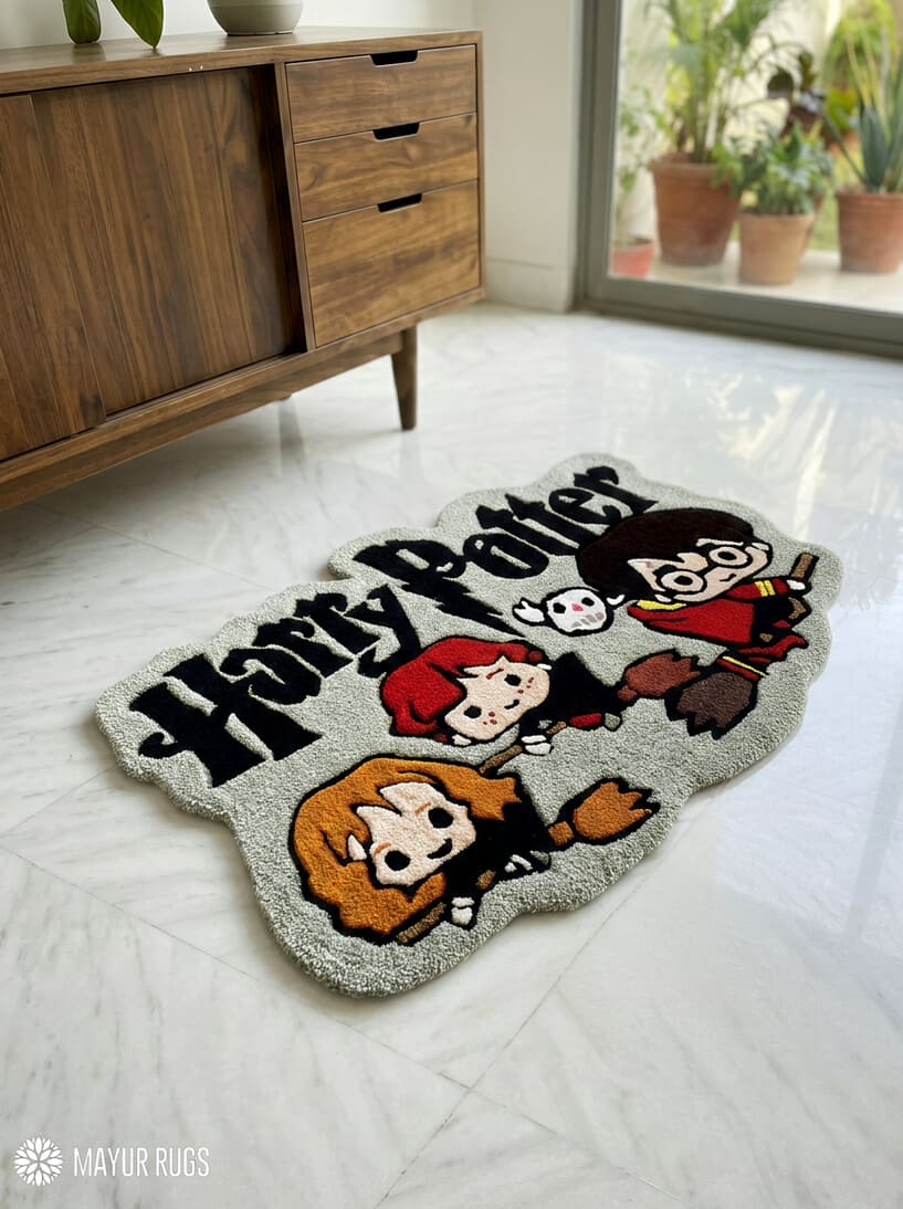 Harry Potter inspired hand-tufted wool rug with wizard magic design, premium custom area rug by Mayur Rugs