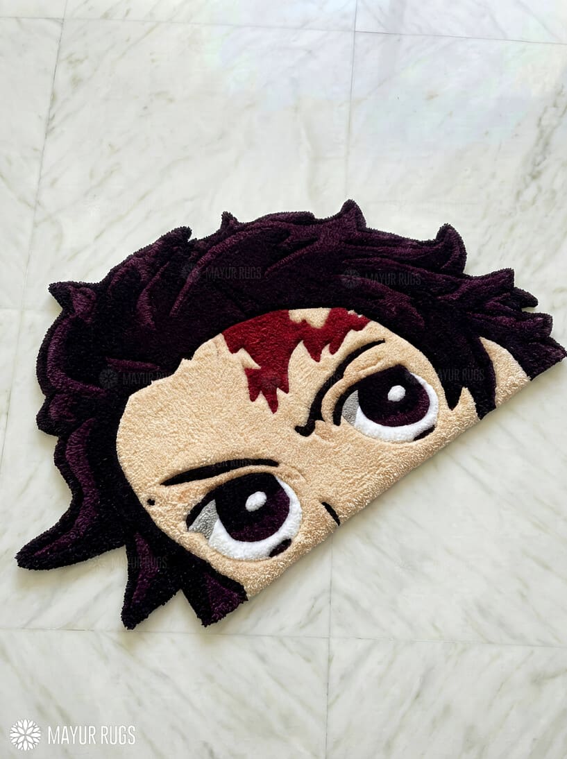 Tanjiro Kamado inspired Demon Slayer anime hand-tufted wool rug with bold character design, premium custom area rug by Mayur Rugs