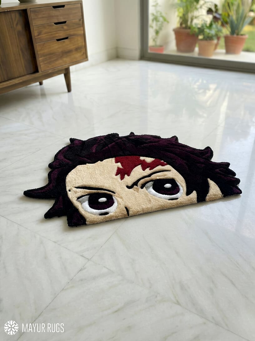 Tanjiro Kamado inspired Demon Slayer anime hand-tufted wool rug with bold character design, premium custom area rug by Mayur Rugs