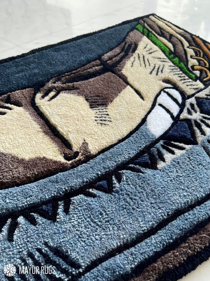 Zoro inspired One Piece anime hand-tufted wool rug with bold swordsman design, premium custom area rug by Mayur Rugs