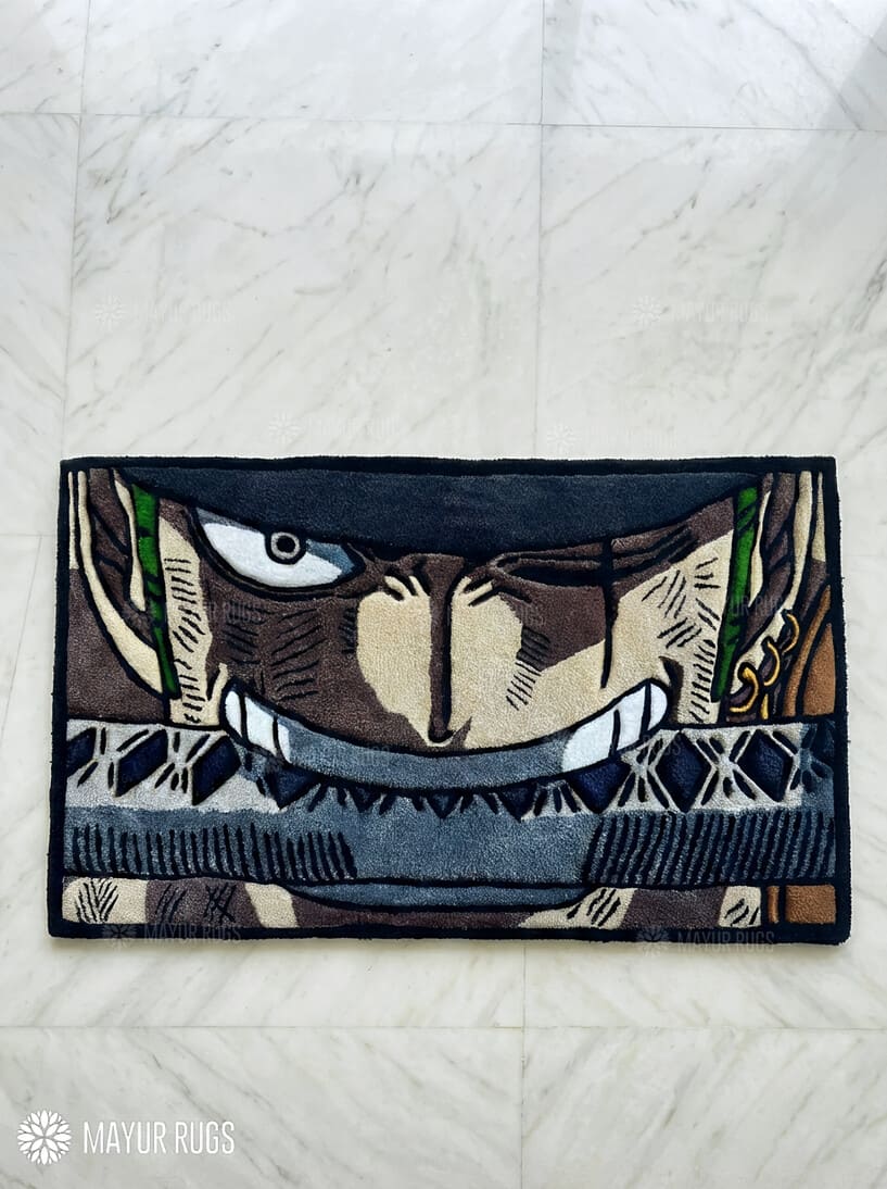 Zoro inspired One Piece anime hand-tufted wool rug with bold swordsman design, premium custom area rug by Mayur Rugs