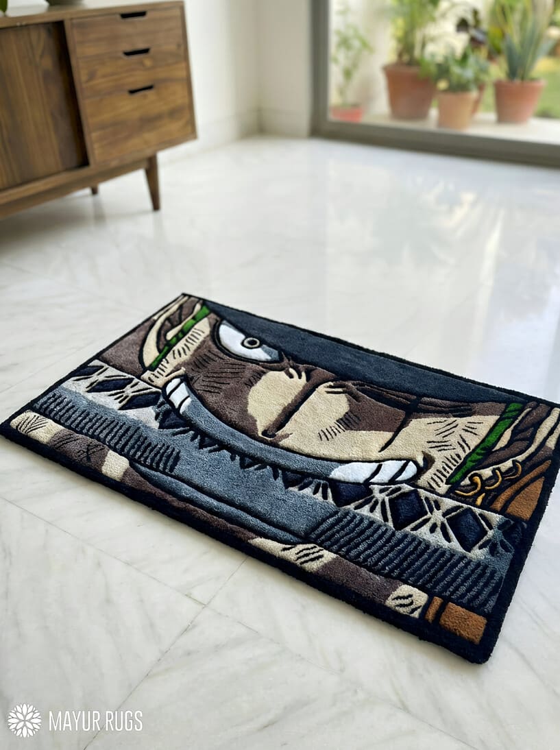Zoro inspired One Piece anime hand-tufted wool rug with bold swordsman design, premium custom area rug by Mayur Rugs