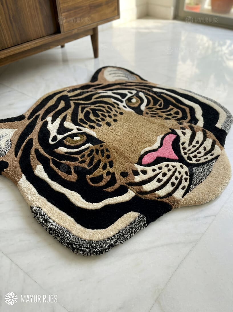 Tiger face hand-tufted wool rug with bold wildlife design, premium custom area rug by Mayur Rugs