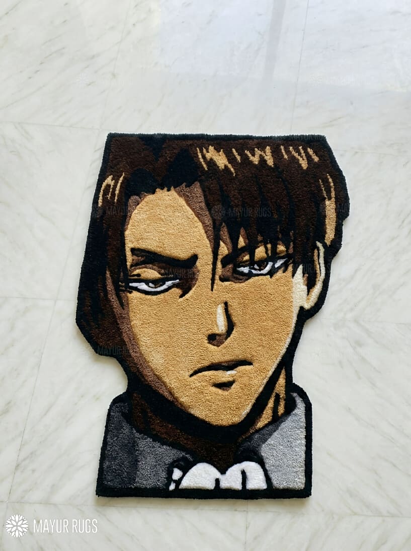 Levi Ackerman inspired Attack on Titan anime hand-tufted wool rug with bold character design, premium custom area rug by Mayur Rugs