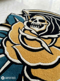 Blooming reaper hand-tufted wool rug with gothic skull and floral design, premium custom area rug by Mayur Rugs