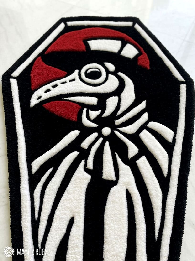 Plague doctor tattoo hand-tufted wool rug with gothic beak mask design, premium custom area rug by Mayur Rugs