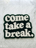 Come Take a Break hand-tufted wool rug with cozy typography aesthetic design, premium custom area rug by Mayur Rugs