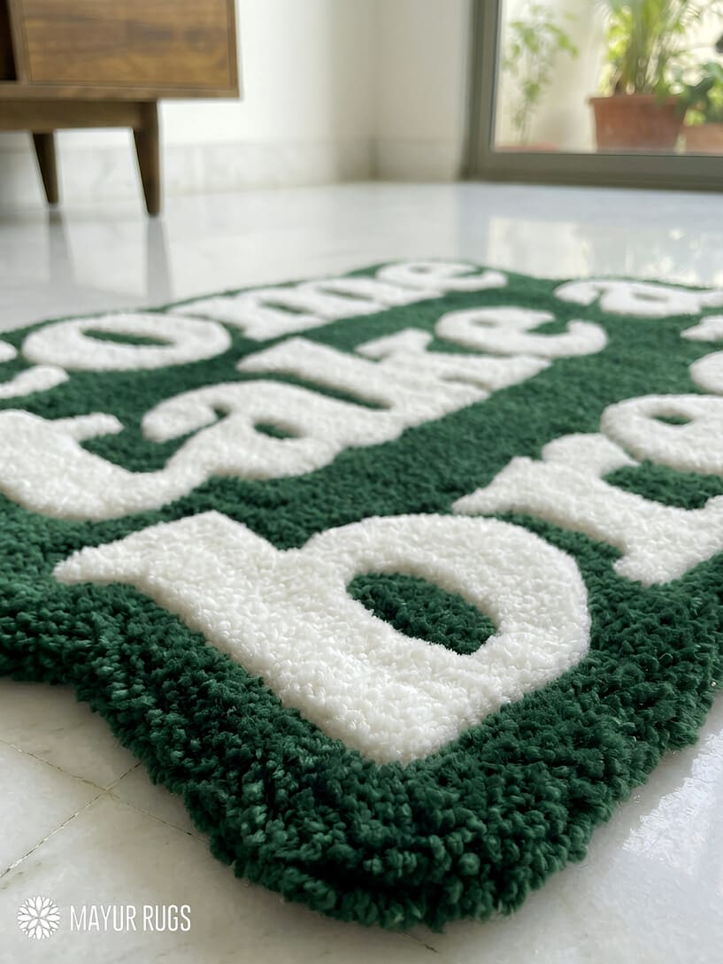 Come Take a Break hand-tufted wool rug with cozy typography aesthetic design, premium custom area rug by Mayur Rugs
