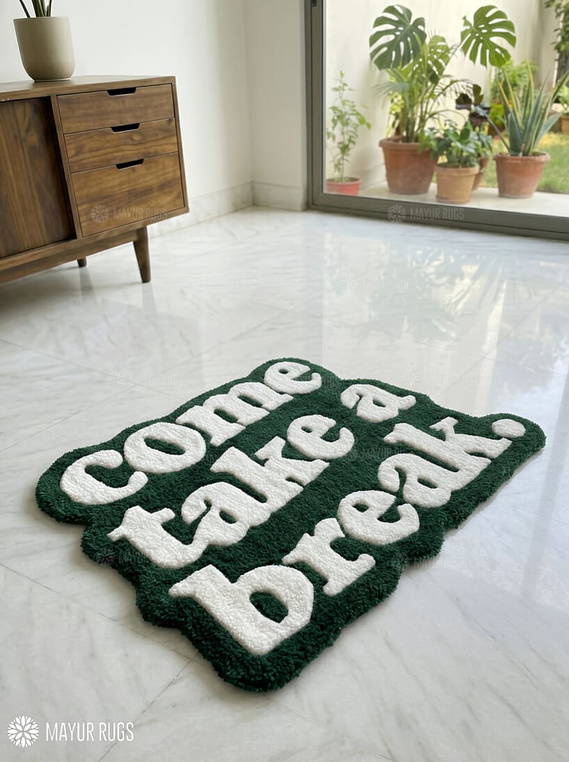 Come Take a Break hand-tufted wool rug with cozy typography aesthetic design, premium custom area rug by Mayur Rugs