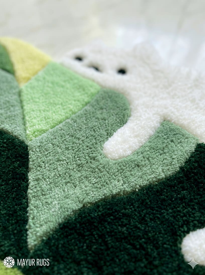Monstera leaf with cat hand-tufted wool rug with cute botanical design, premium custom area rug by Mayur Rugs