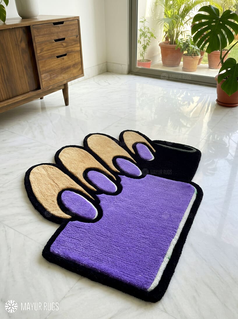 Nail art studio purple hand-tufted wool rug with beauty salon aesthetic design, premium custom area rug by Mayur Rugs