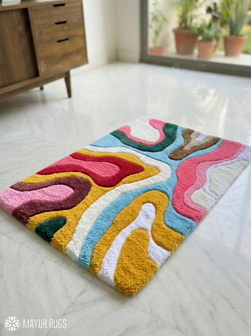 Abstract color flow hand tufted wool rug featuring modern artistic patterns and vibrant contemporary design by Mayur Rugs