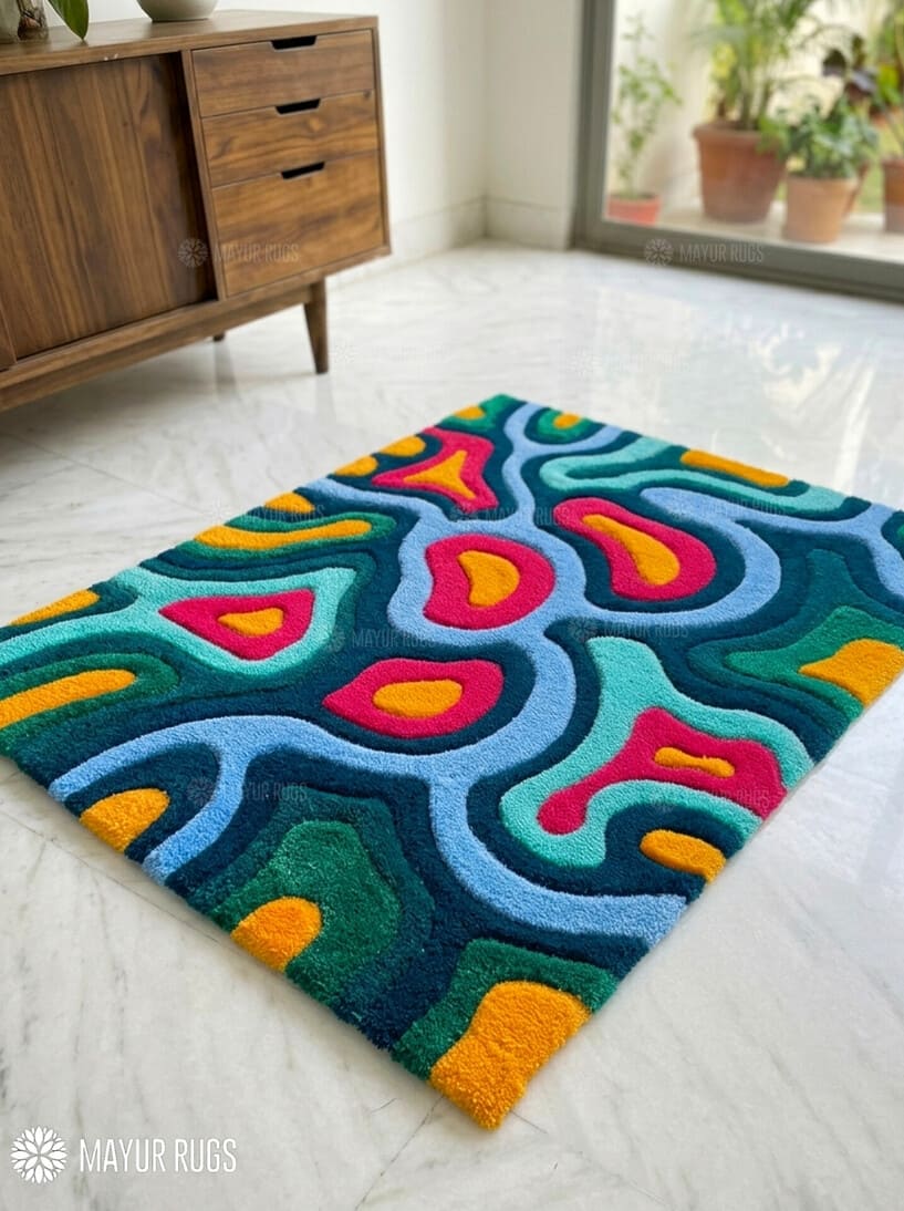 Abstract neon flow hand tufted wool rug featuring colorful contemporary wave patterns by Mayur Rugs