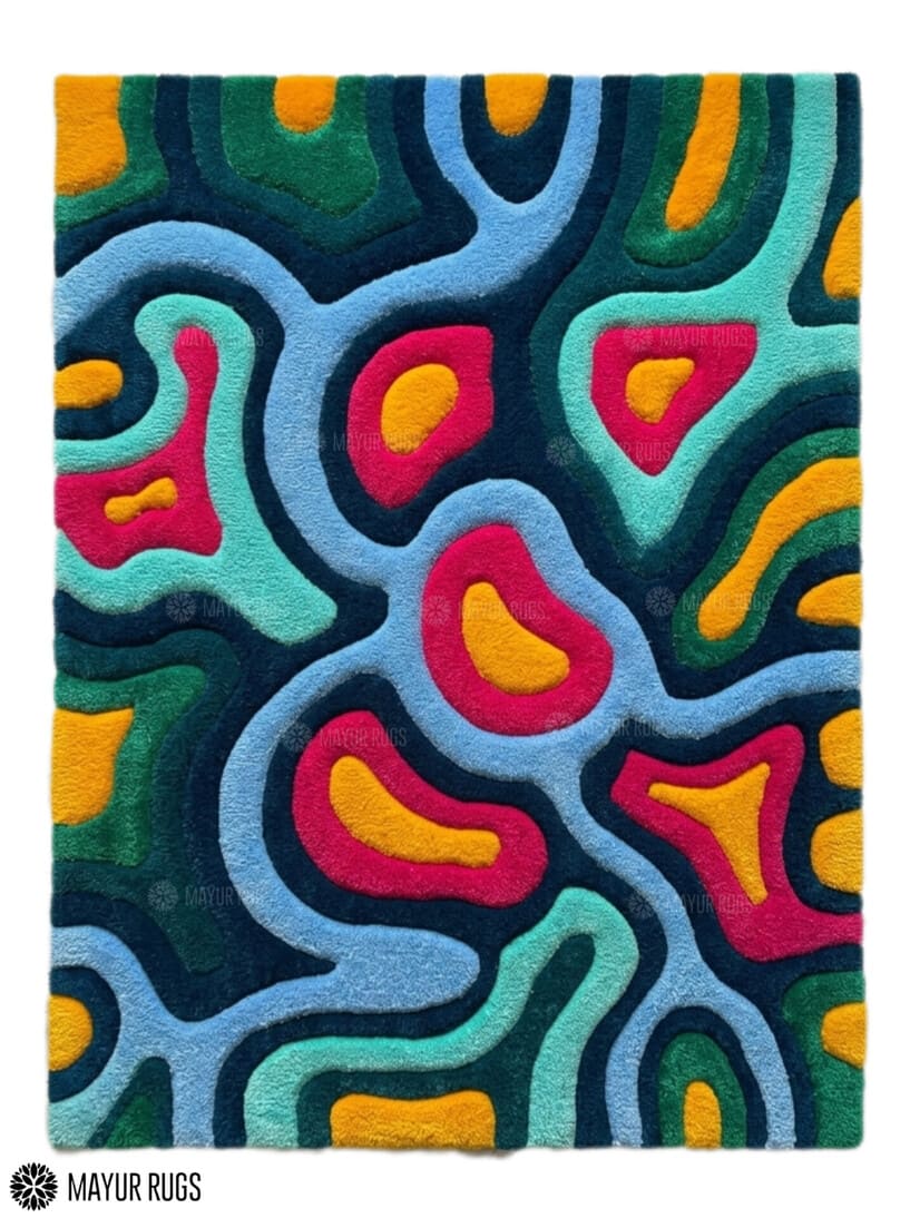 Abstract neon flow hand tufted wool rug featuring colorful contemporary wave patterns by Mayur Rugs