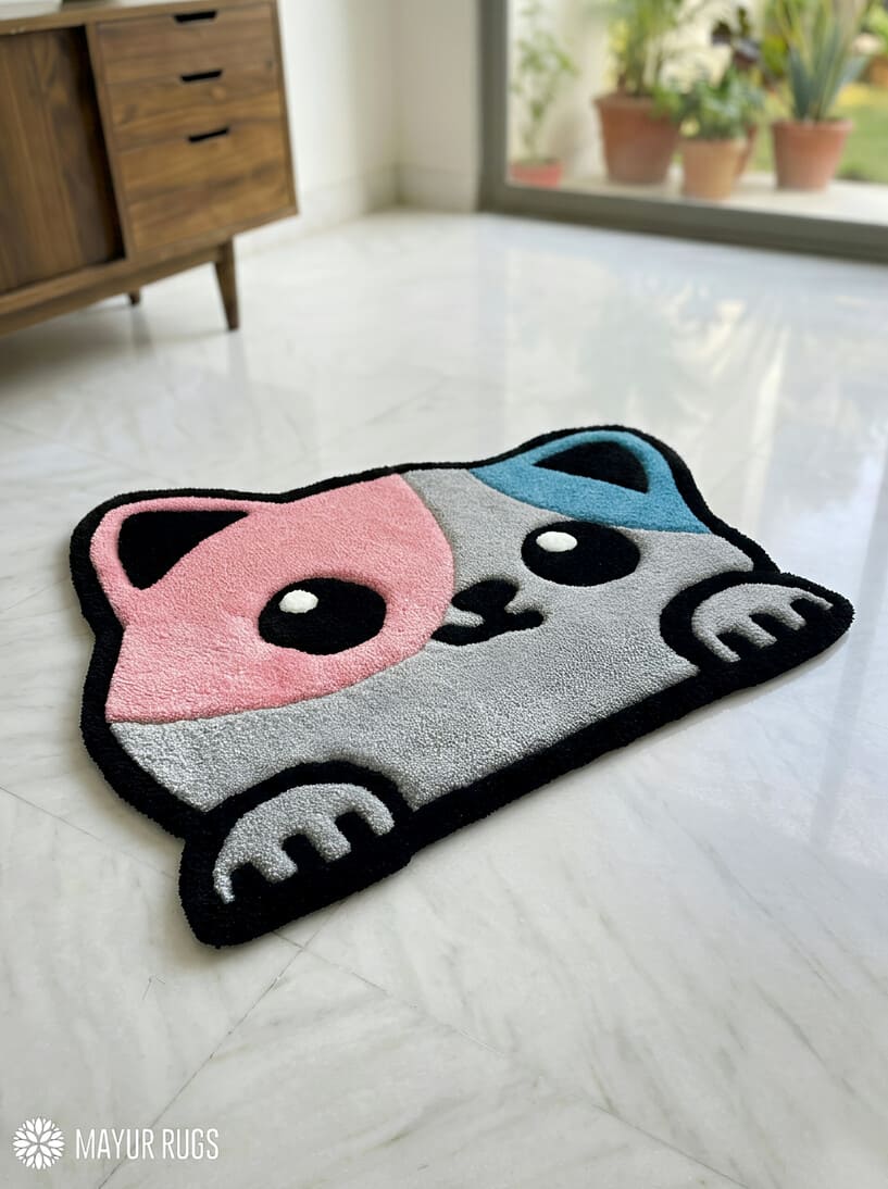 Kawaii-style rug with pink and blue design on a light wooden floor.