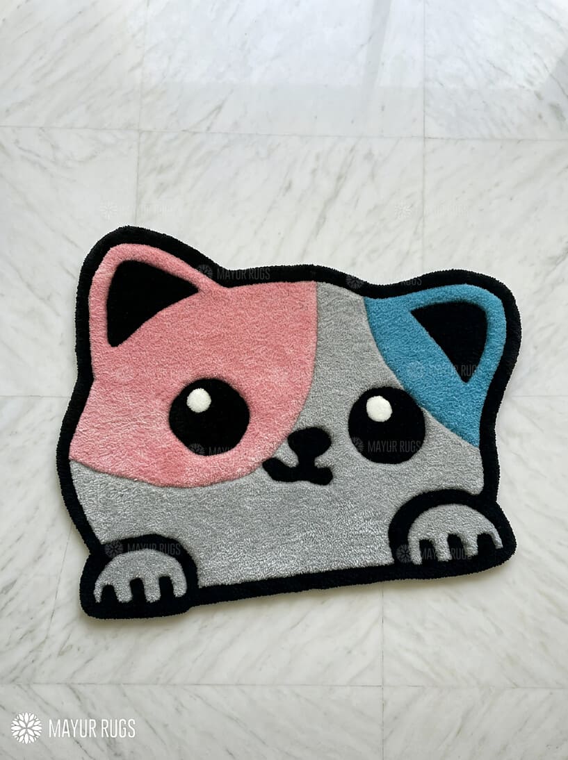 Cute cat hand-tufted wool rug with cartoon aesthetic design, premium custom area rug by Mayur Rugs