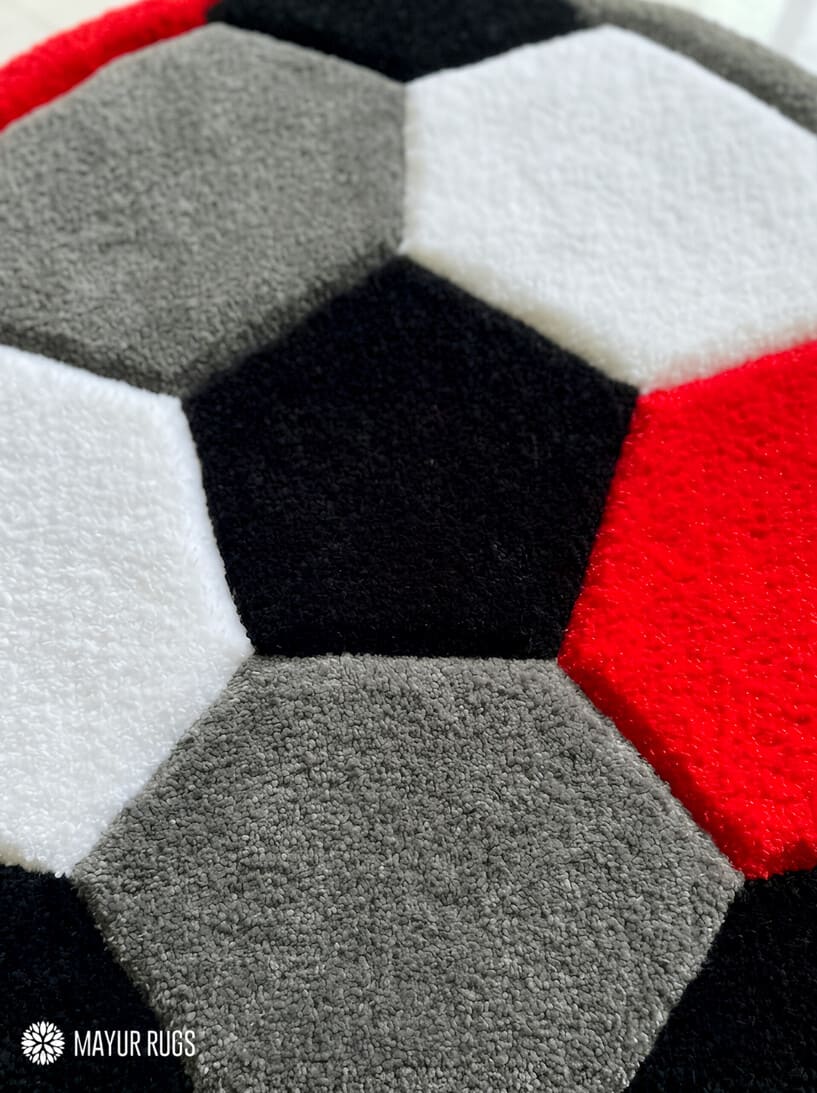 Abstract soccer sphere hand-tufted wool rug with modern football design, premium custom area rug by Mayur Rugs