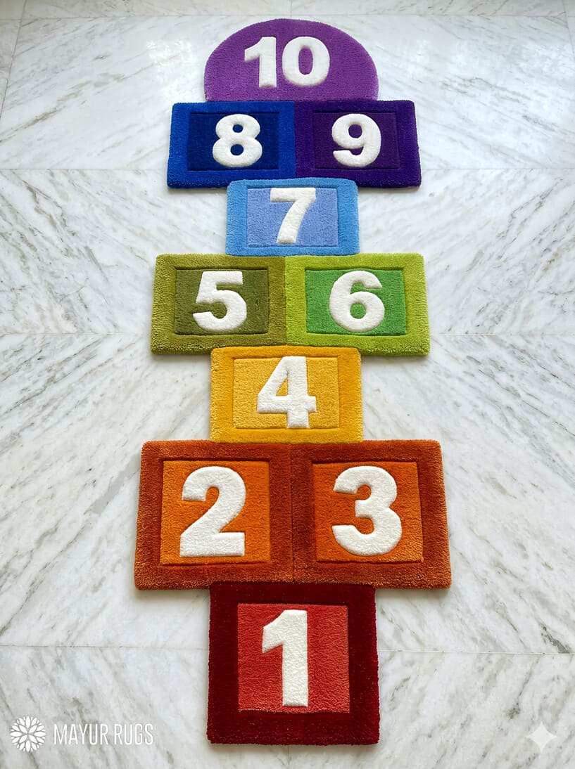 Hopscotch game hand-tufted wool rug for kids with colorful interactive play design, premium custom rug by Mayur Rugs