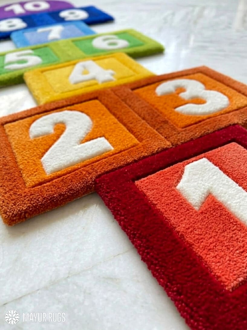 Hopscotch game hand-tufted wool rug for kids with colorful interactive play design, premium custom rug by Mayur Rugs
