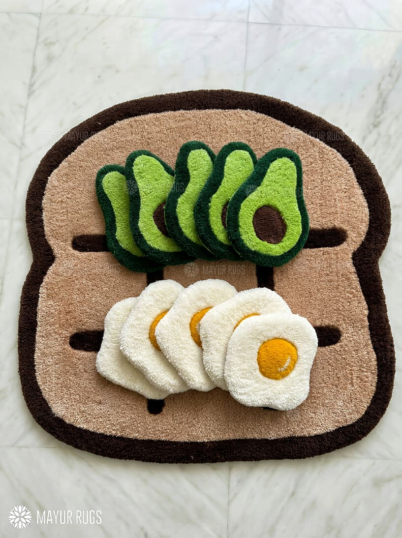 Breakfast tic tac toe game hand-tufted wool rug set with avocado and omelet play pieces, premium custom rug by Mayur Rugs