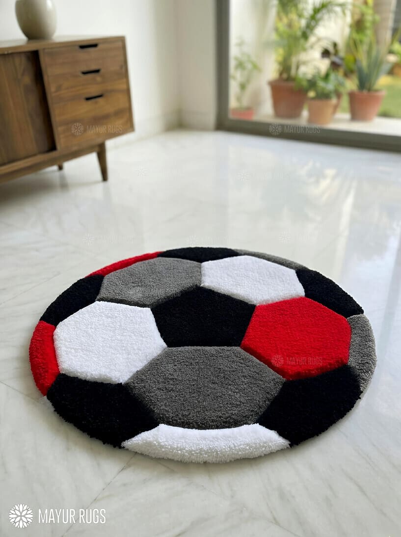 Abstract soccer sphere hand-tufted wool rug with modern football design, premium custom area rug by Mayur Rugs