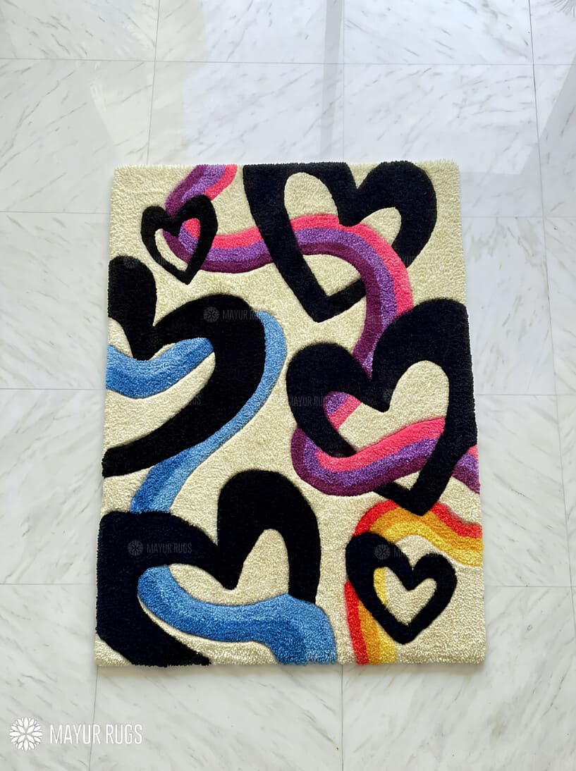 Groovy hearts hand-tufted wool rug with retro love pattern design, premium custom area rug by Mayur Rugs