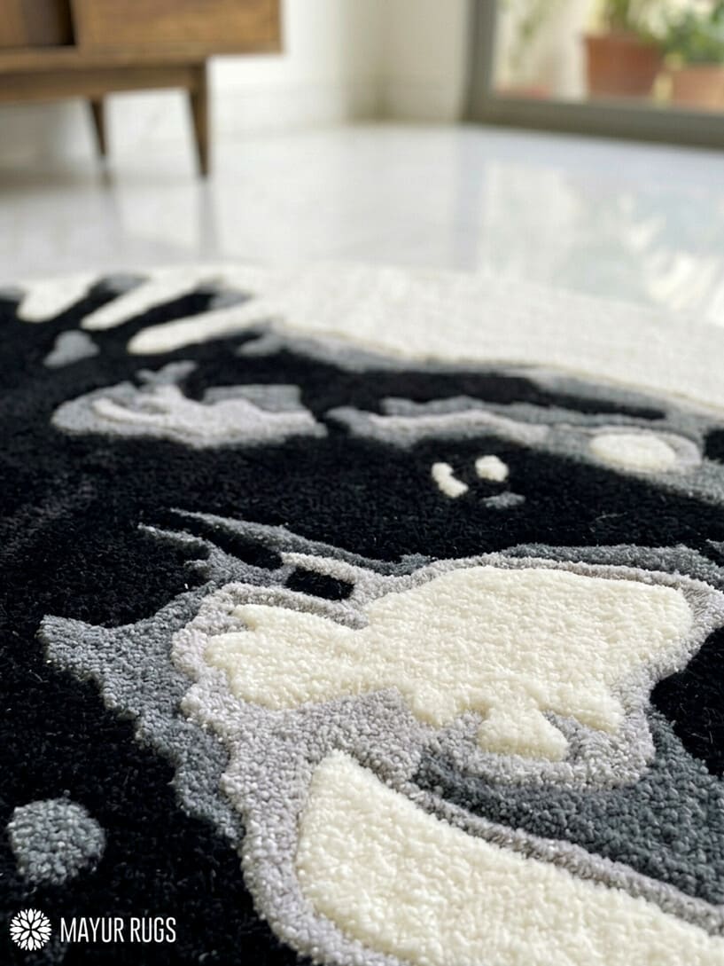 Pedro raccoon inspired custom hand-tufted wool rug with cute cartoon animal design, premium custom area rug by Mayur Rugs