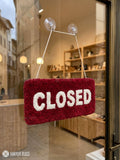  closed store sign hand-tufted wool rug combo with aesthetic typography design for cafés and retail shops by Mayur Rugs