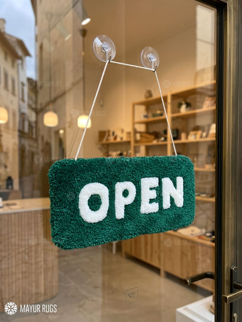 Open and closed store sign hand-tufted wool rug combo with aesthetic typography design for cafés and retail shops by Mayur Rugs